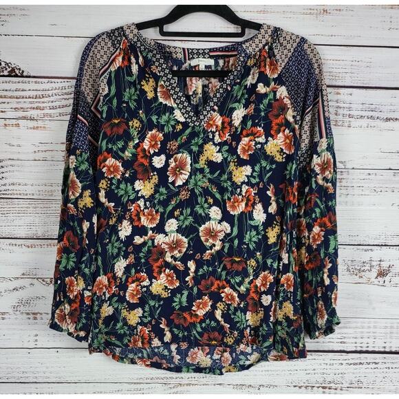 Jodifl Long Sleeve Blouse S Womens Blue Floral Print V Neck Pullover Boho Fall - Picture 1 of 6